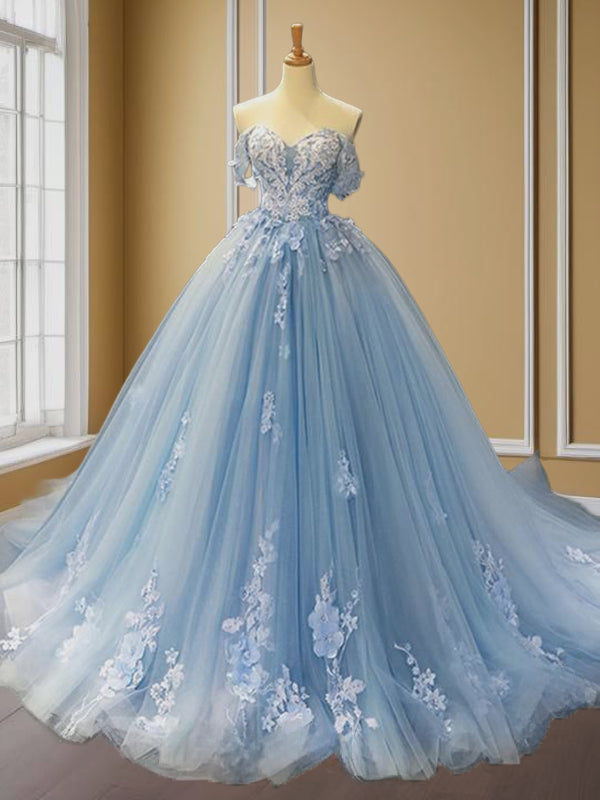 Ball-Gown Off-the-Shoulder Appliques Lace Chapel Train Tulle Dress