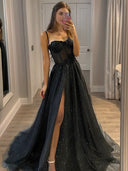 A-line Spaghetti Straps Ruffles Sweep Train Dress