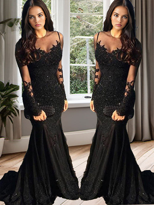 Mermaid Illusion Long Sleeves Appliques Lace Sweep Train Tulle Dress