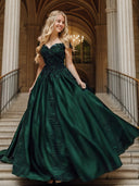 Ball-Gown Off-the-Shoulder Appliques Lace Floor-Length Satin Dress