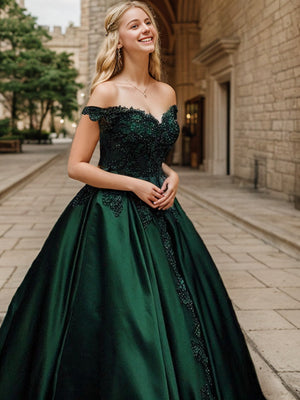 Ball-Gown Off-the-Shoulder Appliques Lace Floor-Length Satin Dress