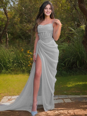 Sheath Spaghetti Straps Ruffles Sweep Train Organza Dress