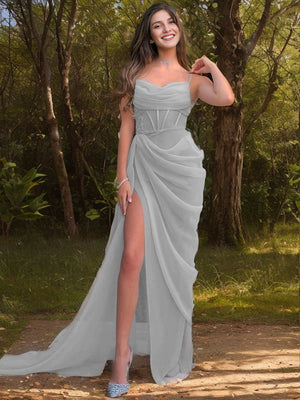 Sheath Spaghetti Straps Ruffles Sweep Train Organza Dress