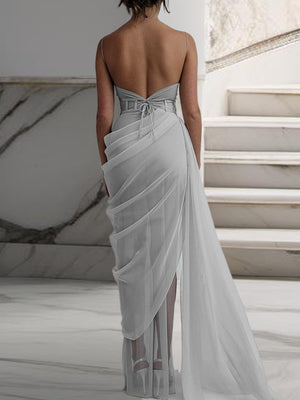 Sheath Spaghetti Straps Ruffles Sweep Train Organza Dress