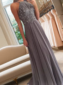 A-line Halter Beading Floor-Length Chiffon Dress