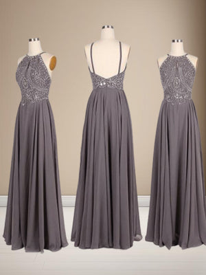 A-line Halter Beading Floor-Length Chiffon Dress