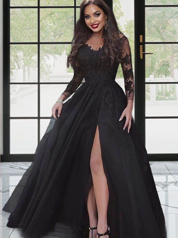 Ball-Gown V-neck Long Sleeves Appliques Lace Floor-Length Tulle Dress