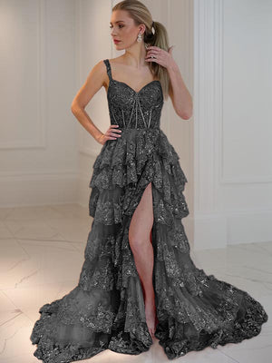 A-line Spaghetti Straps Appliques Lace Court Train Tulle Dress