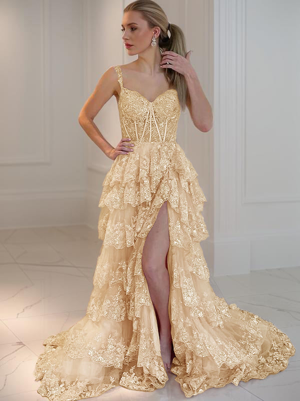 A-line Spaghetti Straps Appliques Lace Court Train Tulle Dress