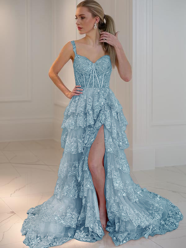 A-line Spaghetti Straps Appliques Lace Court Train Tulle Dress
