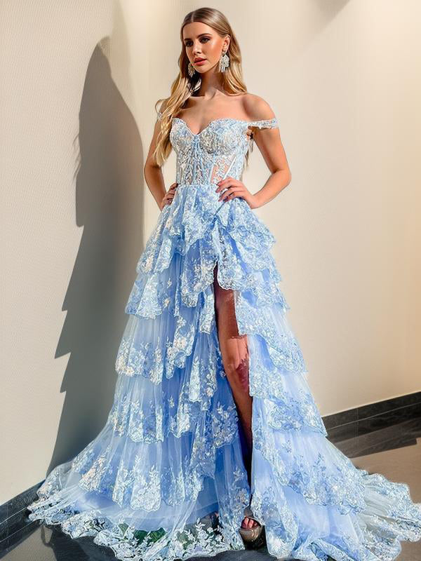 A-line Spaghetti Straps Appliques Lace Court Train Tulle Dress