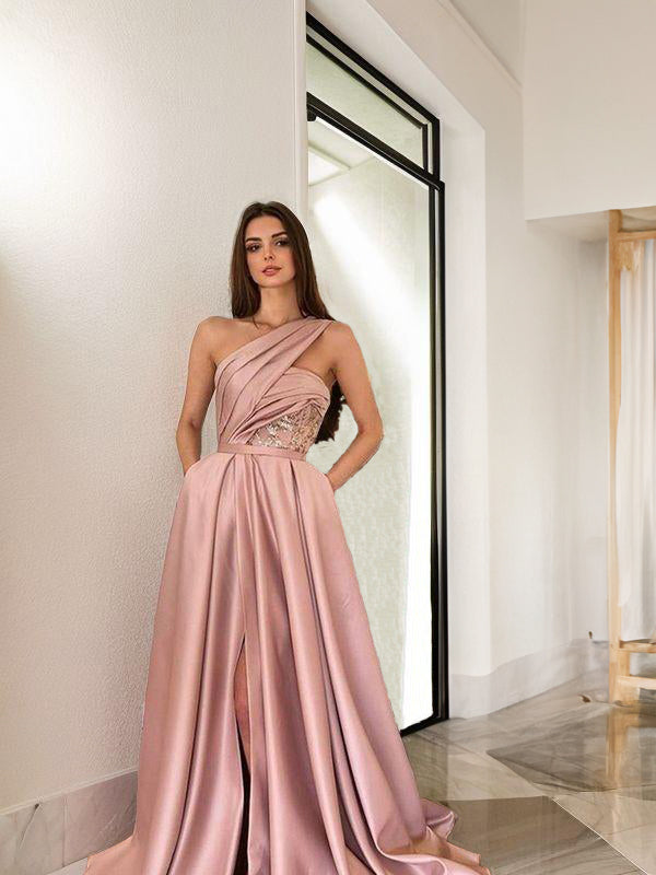 A-line One-Shoulder Ruffles Sweep Train Satin Dress