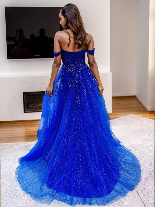 A-line Off-the-Shoulder Appliques Lace Sweep Train Tulle Dress