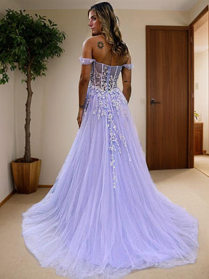 A-line Off-the-Shoulder Appliques Lace Sweep Train Tulle Dress