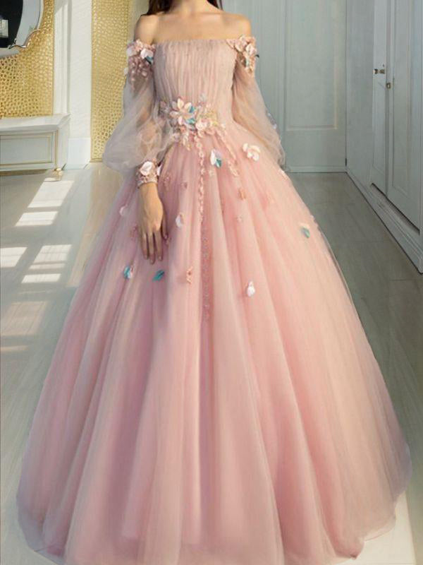 Ball-Gown Off-the-Shoulder Long Sleeves Flower Floor-Length Tulle Dress