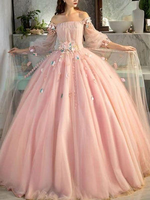 Ball-Gown Off-the-Shoulder Long Sleeves Flower Floor-Length Tulle Dress