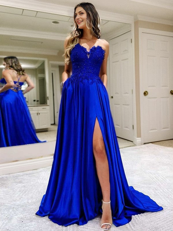 A-line V-neck Appliques Lace Sweep Train Silk like Satin Dress