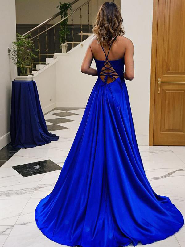 A-line V-neck Appliques Lace Sweep Train Silk like Satin Dress