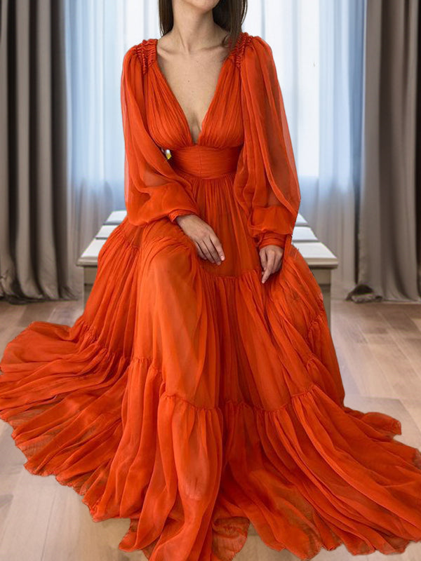 A-line V-neck Long Sleeves Ruffles Floor-Length 30D Chiffon Dress