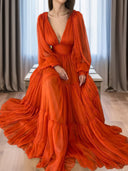 A-line V-neck Long Sleeves Ruffles Floor-Length 30D Chiffon Dress