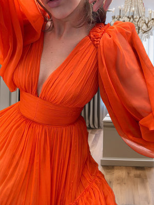 A-line V-neck Long Sleeves Ruffles Floor-Length 30D Chiffon Dress
