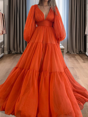 A-line V-neck Long Sleeves Ruffles Floor-Length 30D Chiffon Dress