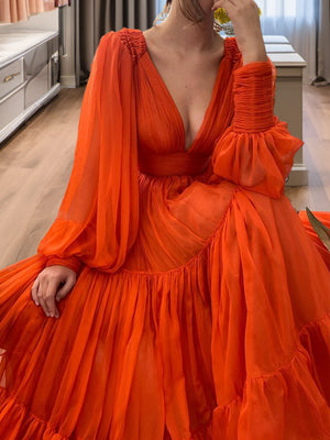 A-line V-neck Long Sleeves Ruffles Floor-Length 30D Chiffon Dress