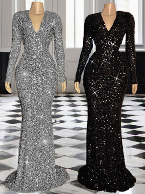 Sheath V-neck Long Sleeves Ruffles Sweep Train Velvet Sequins Dress