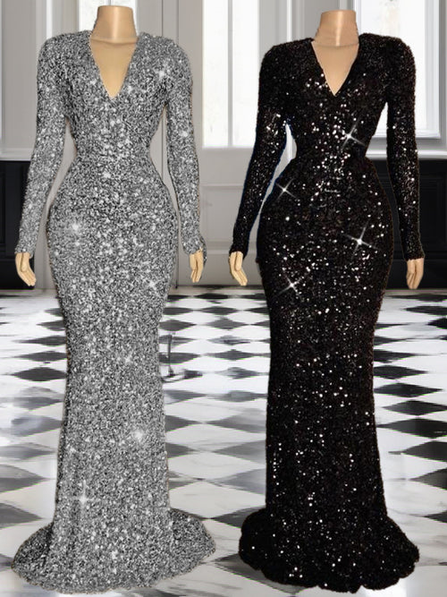 Sheath V-neck Long Sleeves Ruffles Sweep Train Velvet Sequins Dress