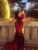 Sheath Spaghetti Straps Appliques Lace Sweep Train Silk Like Satin Dress