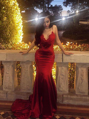 Sheath Spaghetti Straps Appliques Lace Sweep Train Silk Like Satin Dress
