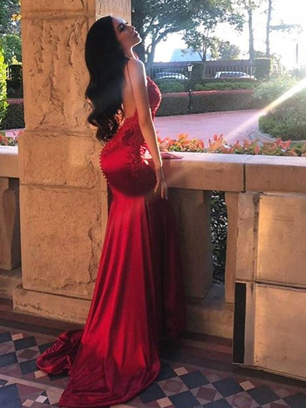 Sheath Spaghetti Straps Appliques Lace Sweep Train Silk Like Satin Dress
