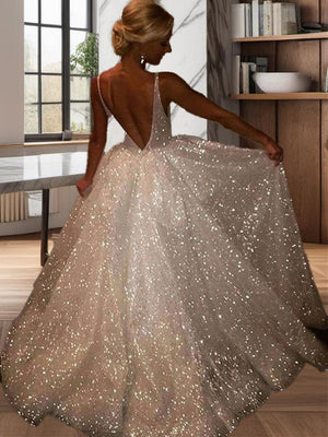 A-line V-neck Sequin Sweep Train Dress