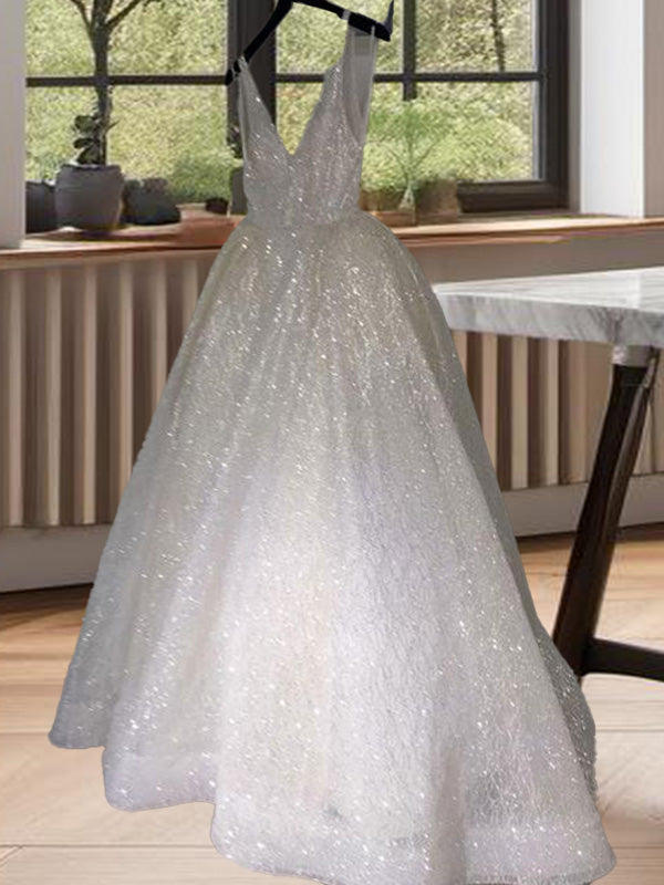 A-line V-neck Sequin Sweep Train Dress