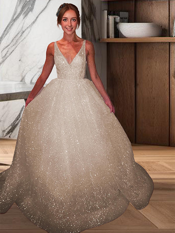 A-line V-neck Sequin Sweep Train Dress