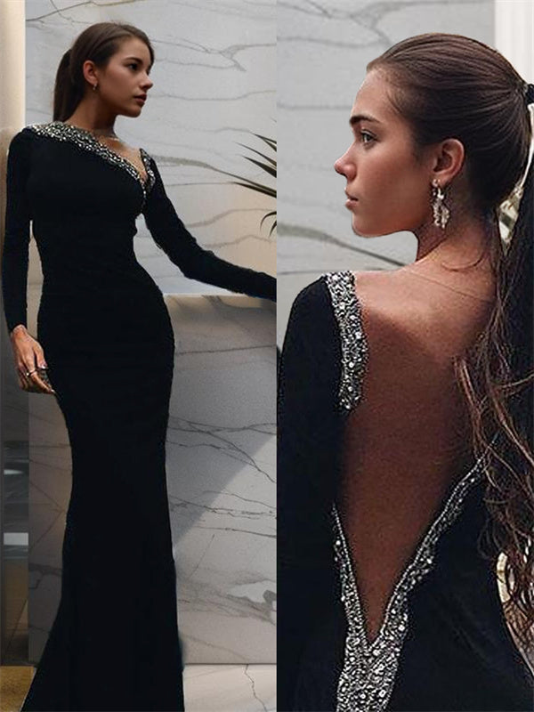 Mermaid One-Shoulder Long Sleeves Beading Floor-Length Jersey Dress