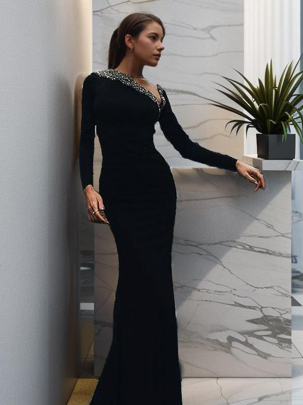 Mermaid One-Shoulder Long Sleeves Beading Floor-Length Jersey Dress