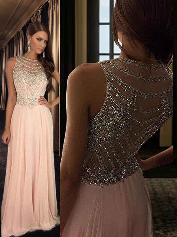 A-line Scoop Rhinestone Sweep Train Chiffon Dress