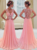 A-line V-neck Appliques Lace Sweep Train Chiffon Dress