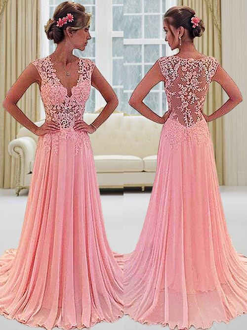 A-line V-neck Appliques Lace Sweep Train Chiffon Dress