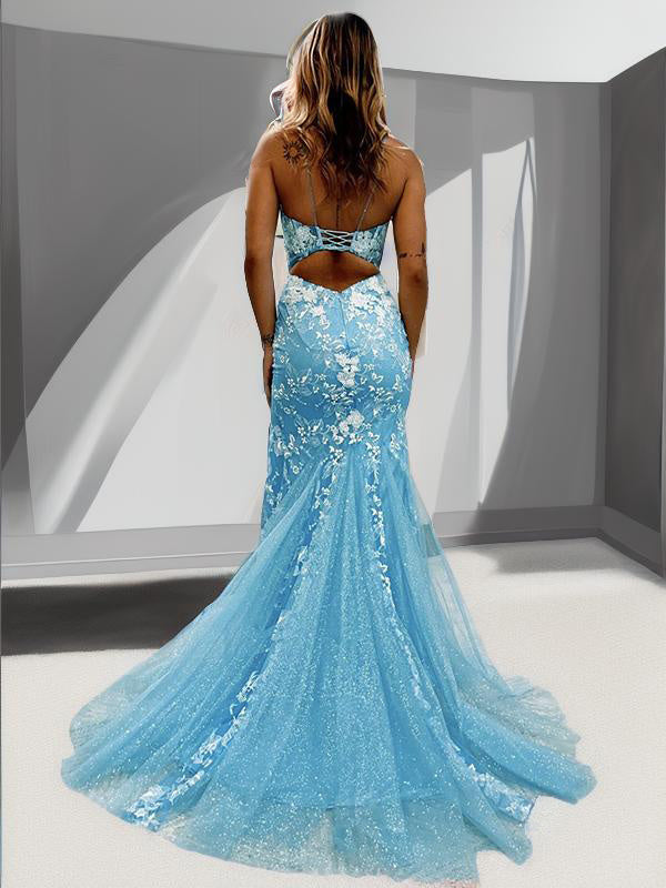 Sheath Spaghetti Straps Appliques Lace Sweep Train Lace Dress