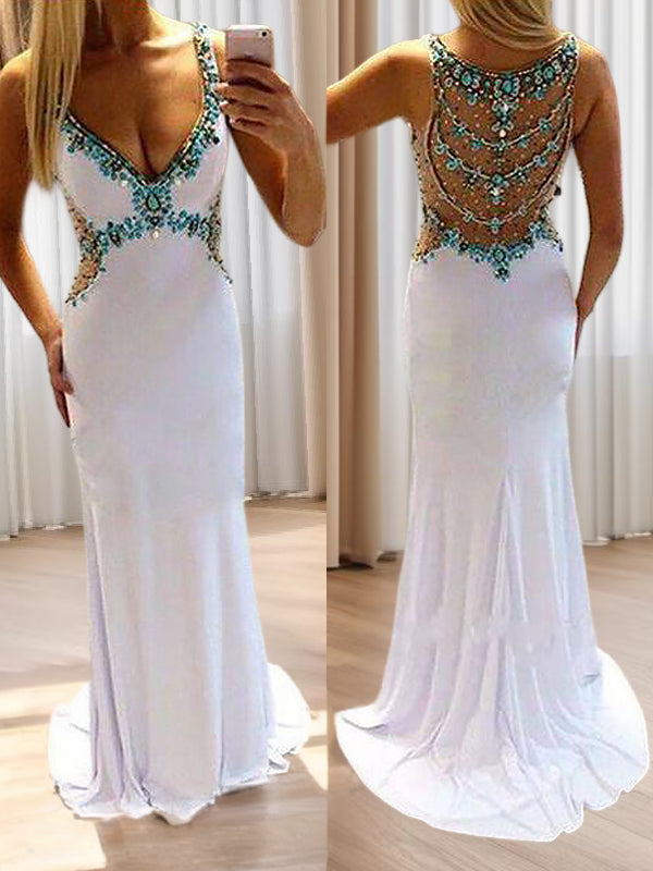 A-line V-neck Beading Sweep Train Jersey Dress