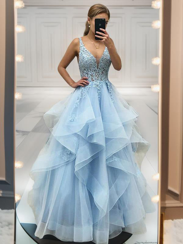 A-line V-neck Appliques Lace Floor-Length Tulle Dress