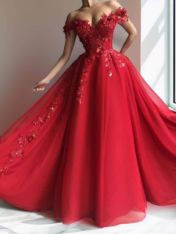 A-line Off-the-Shoulder Appliques Lace Floor-Length Tulle Dress