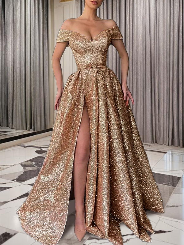 A-line Off-the-Shoulder Ruffles Sweep Train Sequins Dress