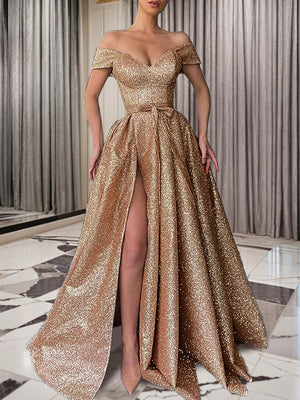 A-line Off-the-Shoulder Ruffles Sweep Train Sequins Dress