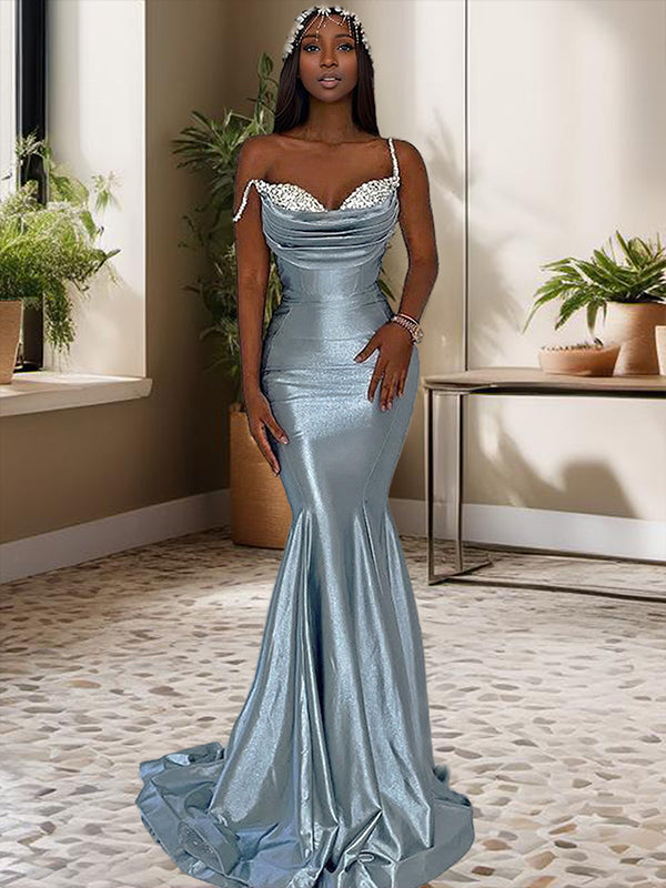 Mermaid Spaghetti Straps Ruffles Sweep Train Dress