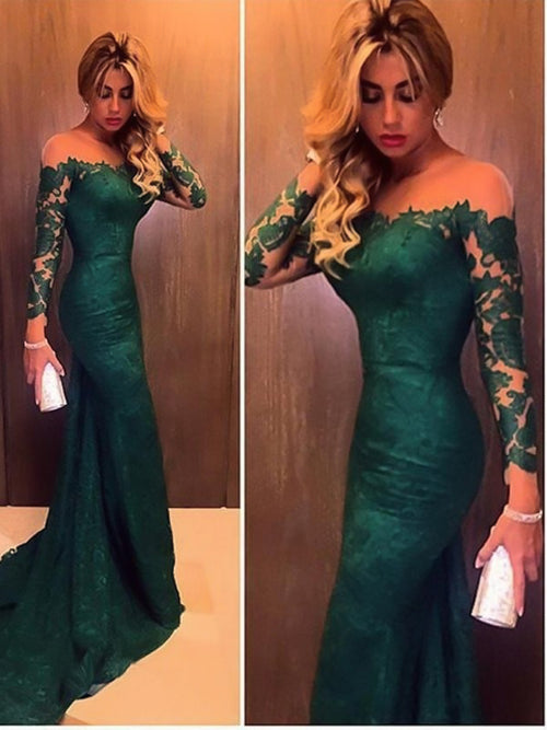 Mermaid Off-the-Shoulder Long Sleeves Appliques Lace Court Train Lace Dress