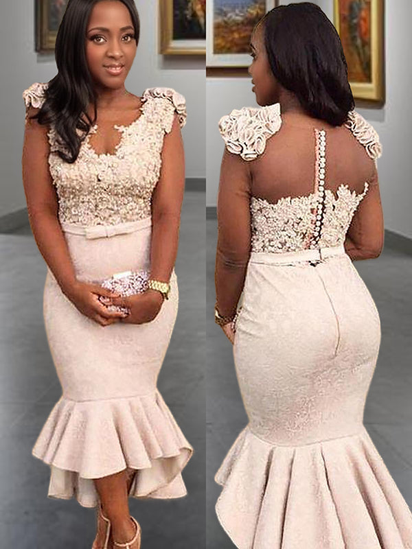 Mermaid V-neck Beading Asymmetrical Satin Dress