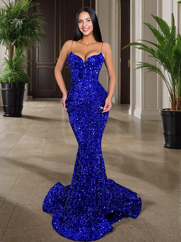Mermaid Spaghetti Straps Sequin Sweep Train Velvet Sequins Dress
